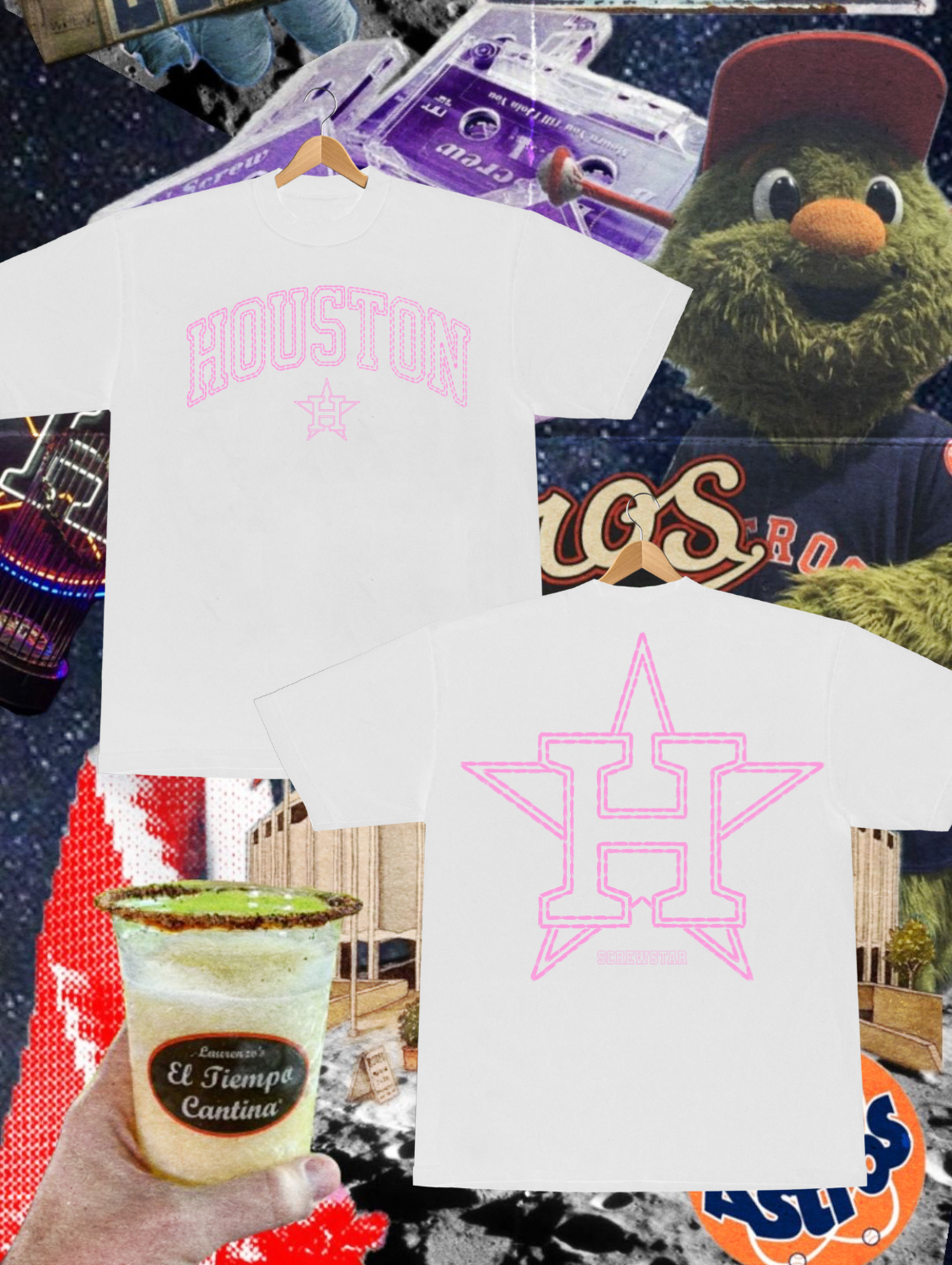HOUSTON STITCHED PINK -TEE (WHITE)